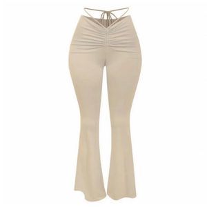 Beige Ruched High-Waist Flare Pants